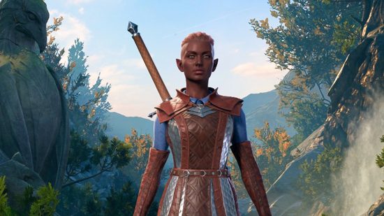 Varanna Sunblossom, a Wood Half-Elf Fighter available to recruit as one of several Baldur's Gate 3 Hirelings.