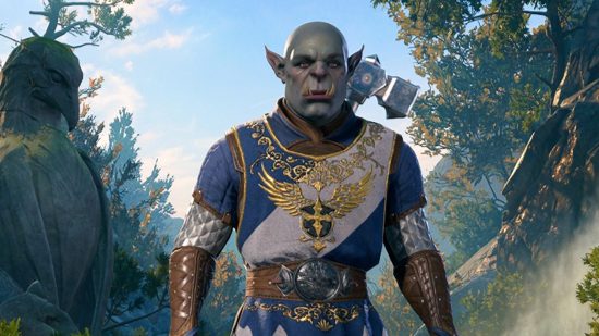 Kerz, a Half-Orc Paladin available to recruit as one of several Baldur's Gate 3 Hirelings.