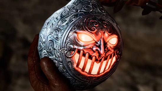 Baldur's Gate 3 iron flask: The iron flask's face has a menacing orange grin
