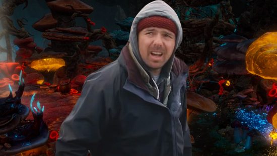 Forget Mind Flayers, this man is Baldur's Gate 3's biggest issue: A bald man wearing a hoodie over a red hat and a rain jacket looks confused against a background of florescent mushrooms