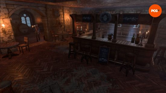 Baldur's Gate 3 last light inn: a cosy looking bar inside a flame lit building.