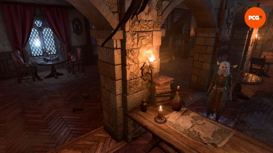Baldur's Gate 3 last light inn: a cosy looking interior, people sat at a table sharing a drink.