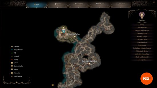 Baldur's Gate 3 last light inn: a map showing the location of a tavern.
