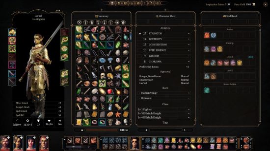 A screenshot from the BG3 character inventory screen, showing a massive increase in inventory storage thanks to the Carry Extra Weight Baldur's Gate 3 mod.