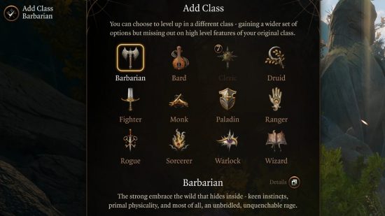 Multiple subclasses available for the barbarian are listed on screen in one of the best BG3 mods: Multiclass unlocker.