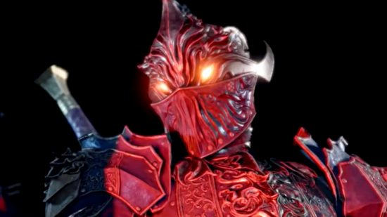 Baldur's Gate 3 platforms: A red armored character looks on as their eyes glow brightly.