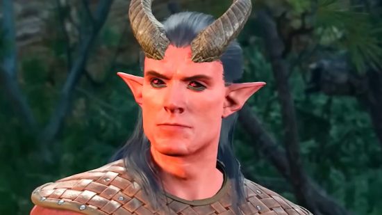 Baldur's Gate 3 preload: A red-skinned Tiefling with bright red eyes, dark hair, and long horns.