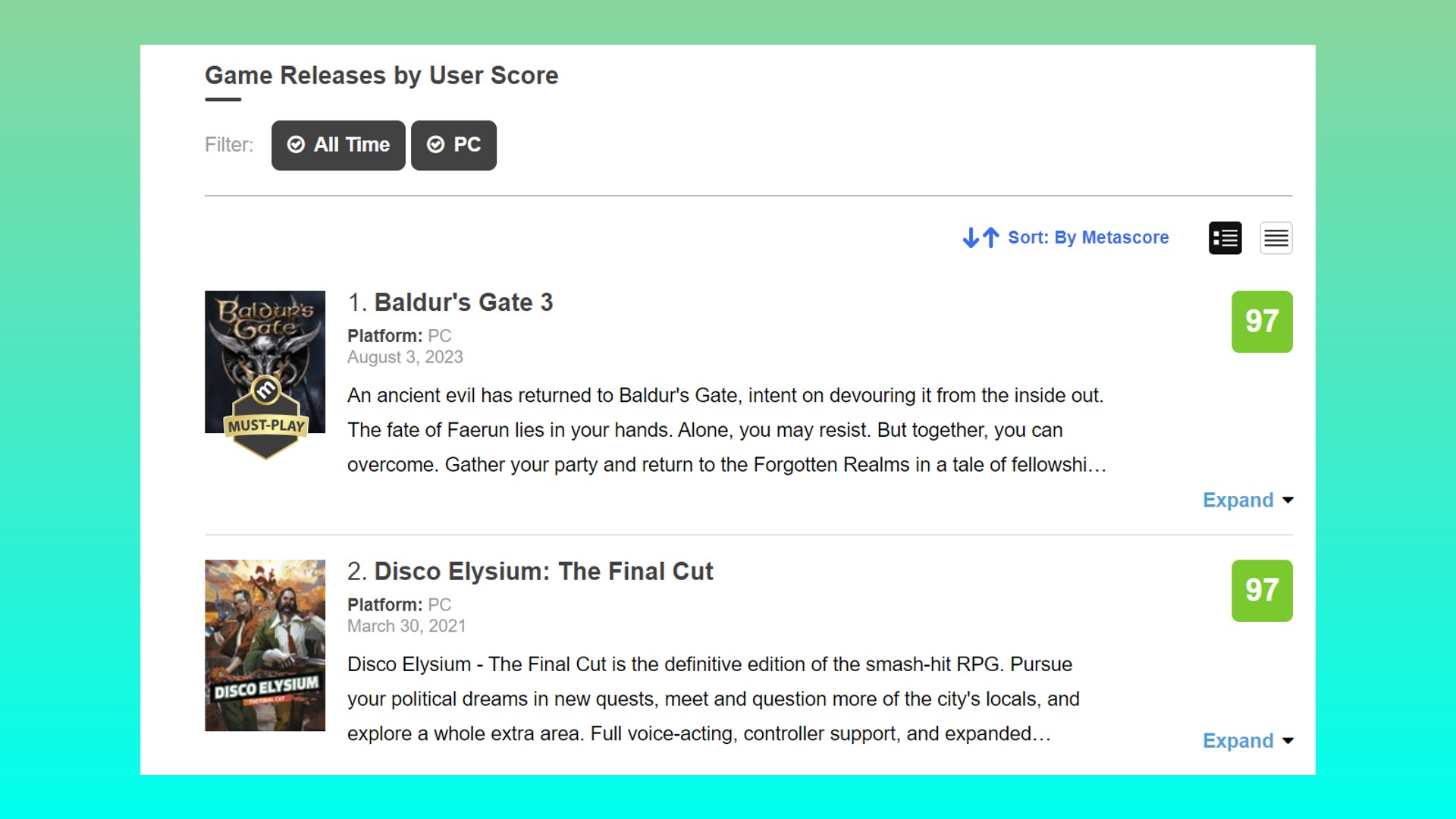 Clasificación de Baldur's Gate 3: una captura de pantalla de Metacritic que muestra la clasificación del juego de rol de Larian Baldur's Gate 3