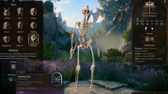 Baldur's Gate 3 skeleton mod - the character creation screen showing a skeleton