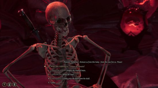 Baldur's Gate 3 skeleton mod - a skeleton doing some speech choices in BG3