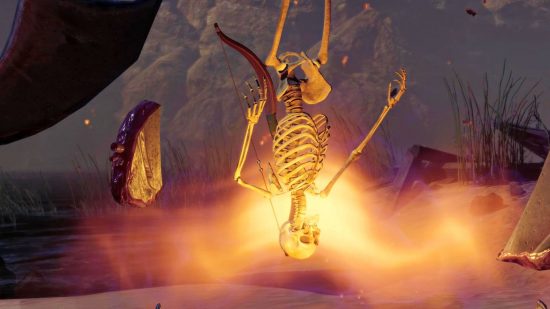 Baldur's Gate 3 skeleton mod - a skeleton in a cutscene, upside down