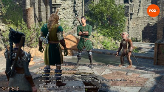 A Half-Orc and Half-Elf are talking to a human and a gnome in an effort to skip a fight in Baldur's Gate 3. Several dialogue options are available which use skills and classes.