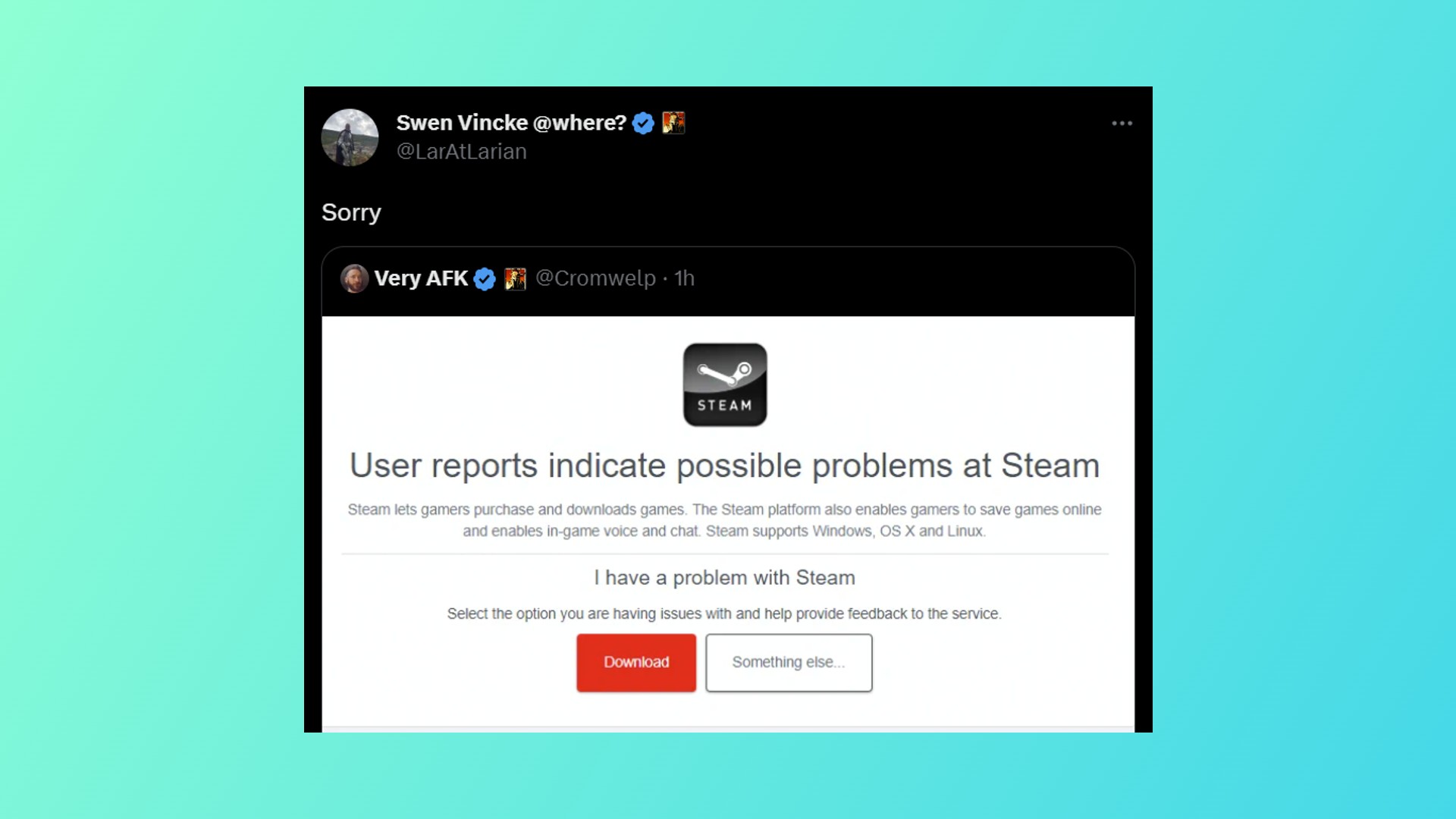Baldur's Gate 3 Steam crash: A tweet from a Baldur's Gate 3 dev in response to Steam issues