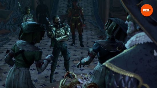 Baldur's Gate 3 review: a creepy looking surgeon and his undead assistants look on at four heroes clad in armor.