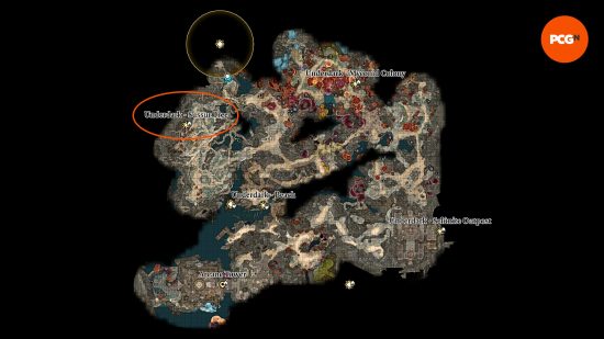 a map of the Underdark, showing the location of the Baldur's Gate 3 Sussur tree waypoint.