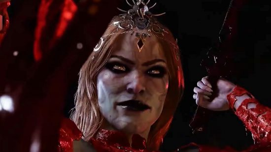 How to earn Baldur's Gate 3 Twitch drops: An undead woman wearing a spiked crown looks down into the camera as she goes to stab it with a twisted knife