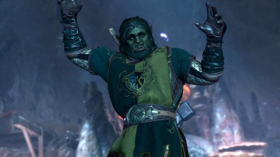 A Half-Orc is entering the Baldur's Gate 3 Underdark entrance by floating down. He looks surprised and alarmed by this magic.