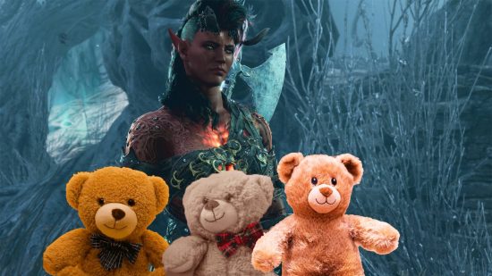 A demonic woman with red skin with an axe on her back in a forest surrounded by plush teddy bears