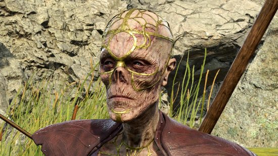 Baldur's Gate 3 Withers as he appears in your camp after locating him and recruiting him to your cause, a skeletal corpse adorned with a strange circlet.