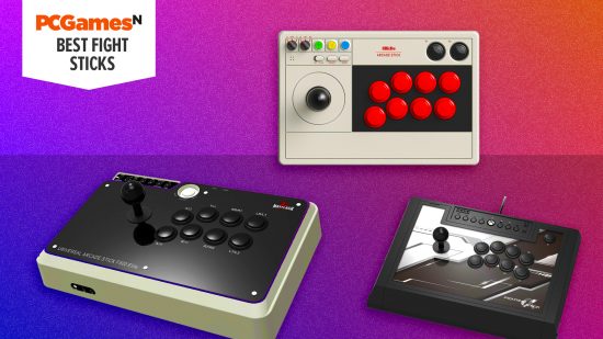 The best fight sticks - four of the best fight sticks against a purple gradient background