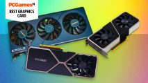 Best graphics cards: three of the top GPUs for gaming on a colorful background