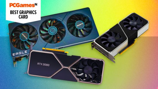 Best graphics cards: three of the top GPUs for gaming on a colorful background