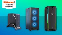 The best mini gaming PC - three compact PCs on a bright gradient background