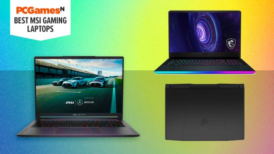 Three of the best MSI gaming laptops on a colored gradient background