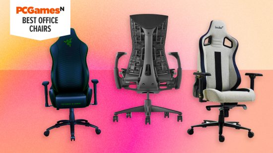 The best office chairs for gaming - three chairs on a pink gradient background