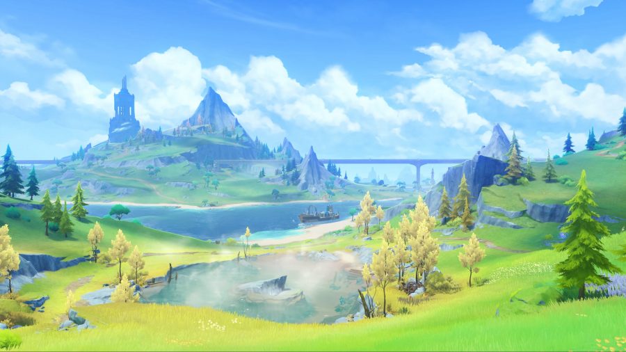 Genshin Impact's sprawling open world, with lush fields of green grass leading up to a castle.
