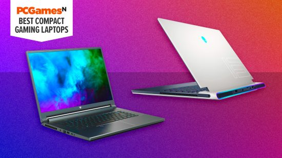 Best thin and light gaming laptops - compact machines from Acer, Alienware on a pink gradient background