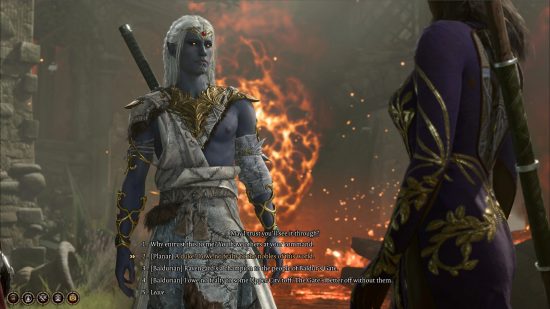 BG3 mods: a grey-skinned, white-haired man engages in conversation with another.