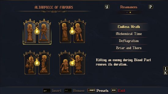 Blasphemous 2 review: The Altarpiece of Favours as it appears in the inventory, depicting carved figures socketed together.