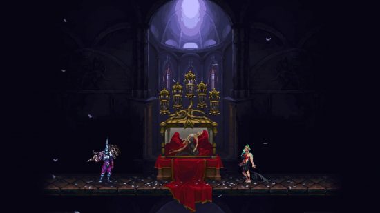 Blasphemous 2 review: The Penitent One approaches a winged saint lying in repose in a ceremonial reliquary, as an apparition of his living self looks on.