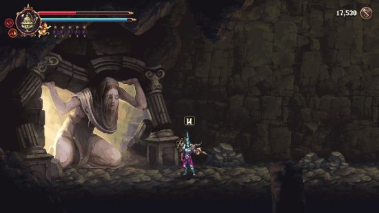 Blasphemous 2 review: One of the denizens of Cvstodia braces a collapsing archway, her face obscured by an occult veil as the Penitent One looks on.