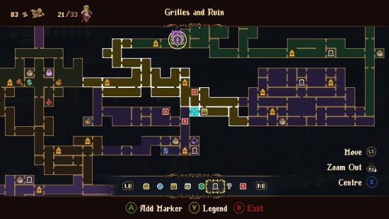The map of Cvstodia that highlights the room including the Blasphemous 2 wax seed located in Grilles and Ruin.
