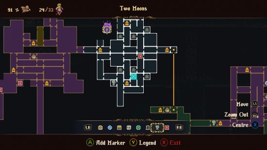 The map of Cvstodia that highlights the room including the Blasphemous 2 wax seed located in Two Moons.