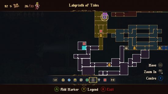 The map of Cvstodia that highlights the room including the Blasphemous 2 wax seed located in Labyrinth of Tides.