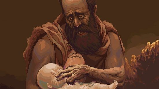 Cesáreo cradling his waxen infant child as he asks the Penitent One to track down the Blasphemous 2 wax seed locations.