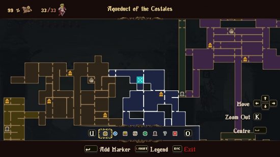 The map of Cvstodia that highlights the room including the Blasphemous 2 wax seed located in the Aqueduct of the Costales