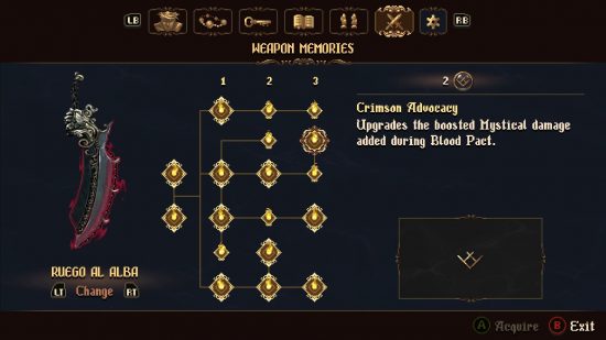 The skill tree for Ruego Al Alba, one of the Blasphemous 2 weapons.