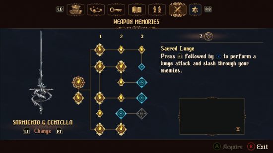 The skill tree for Sarmiento and Centella, one of the Blasphemous 2 weapons.