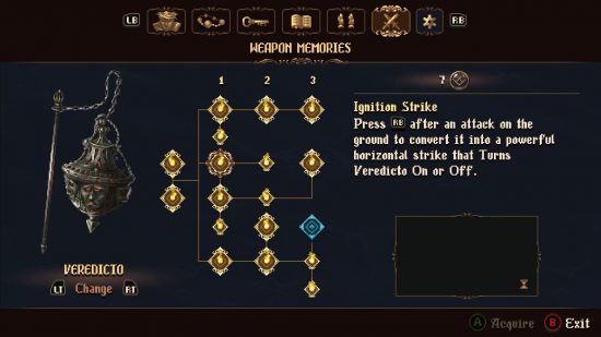 The skill tree for Veredicto, one of the Blasphemous 2 weapons.