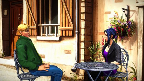 Broken Sword Parzival's Stone - Los protagonistas George y Nico se sientan en una mesa afuera de un café.
