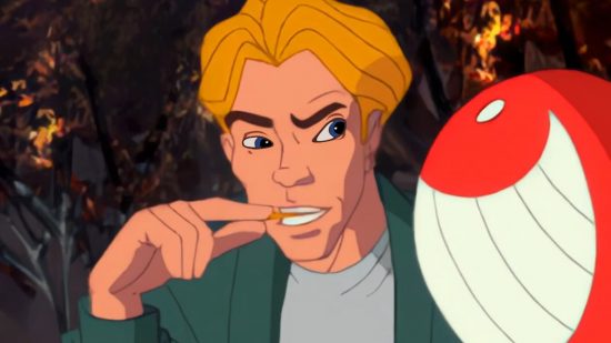 Broken Sword Shadow of the Templars Reforged - Adventure game protagonist George Stobbart bites a toothpick as he looks at a grinning balloon.