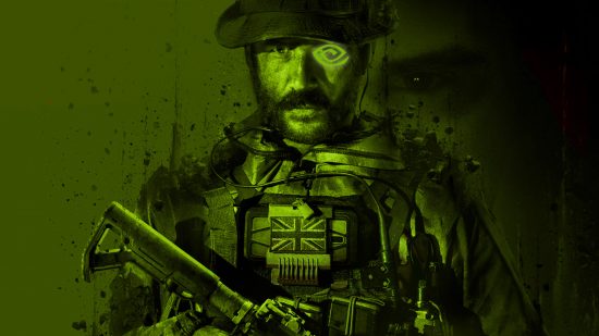 Key art for Modern Warfare 3, tinted green, and featuring the likeness of character Captain Price with an Nvidia logo atop his left eye