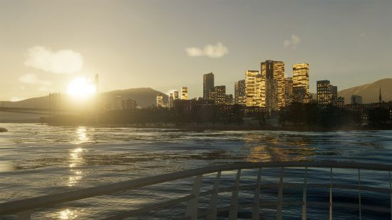 Cities Skylines 2 natural disasters: a view of a city taken from the harbour at sunset.