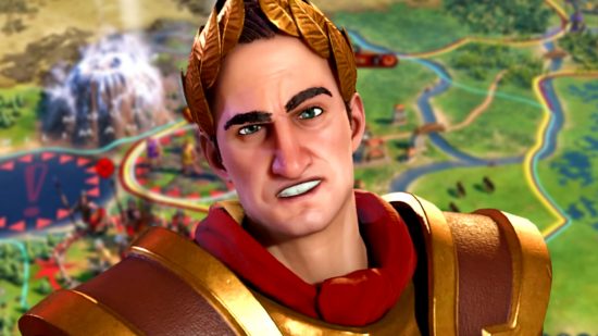 Civilization 6 update - Roman Emperor Julius Caesar makes a grimacing face, raising one eyebrow.