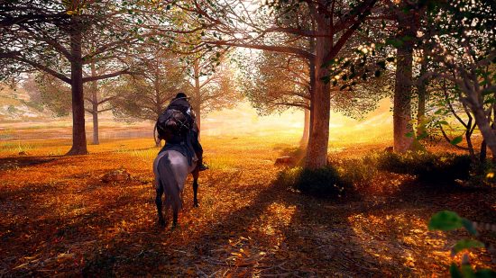 Crimson Desert setting: Kliff rides his horse through trees into a sun-soaked opening.