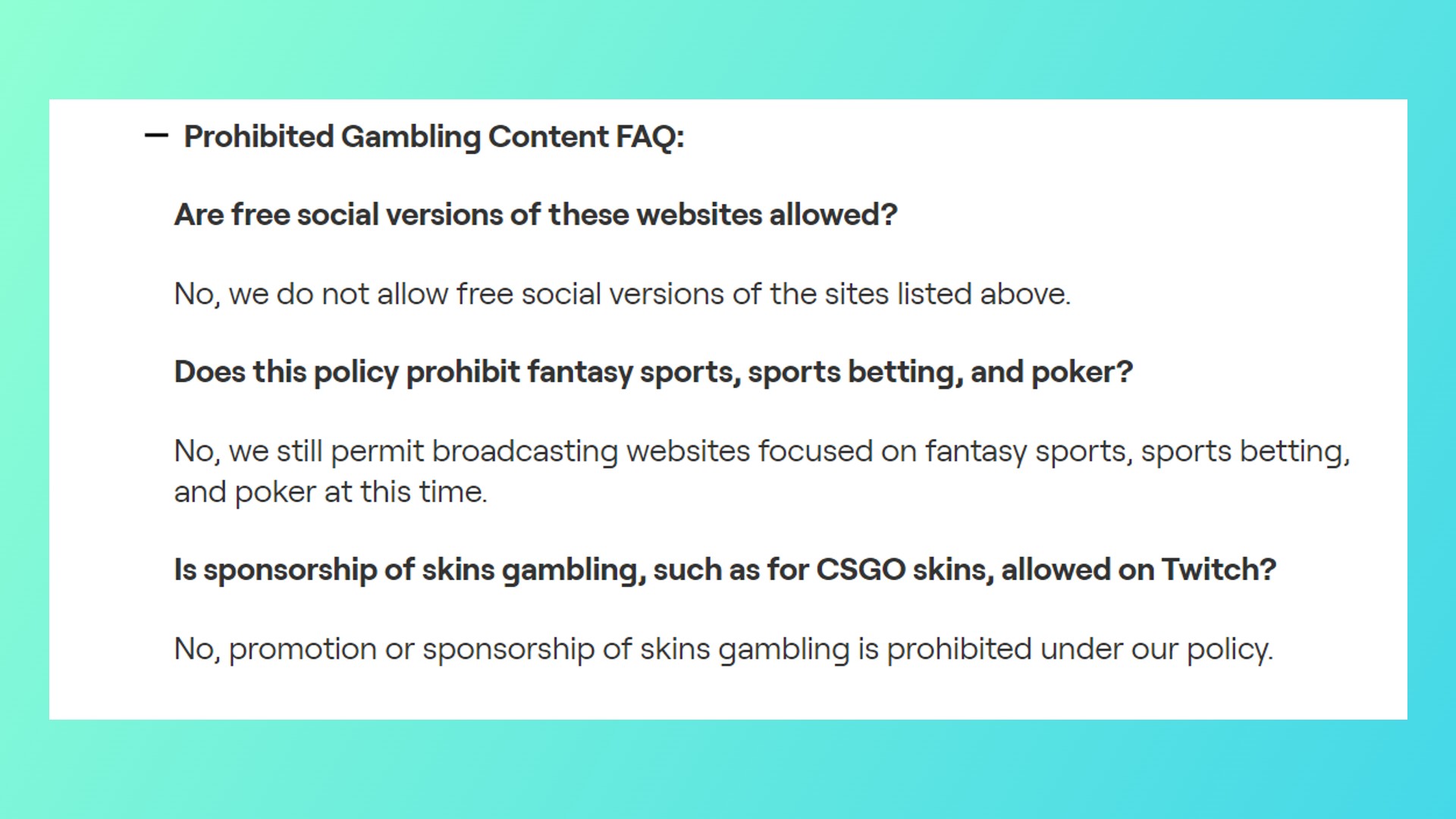 CSGO Twitch gambling: A screenshot of Twitch guidelines for Valve FPS game CSGO